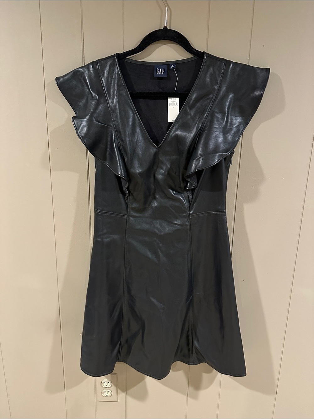 GAP Black Faux Leather Ruffle V-Neck Mini Dress